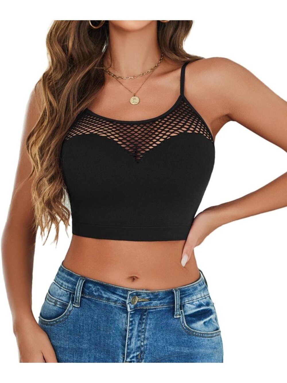 Women's Black Y2k Seamless Mesh Bralette Hollow Fishnet Crop Camisole Tank Top